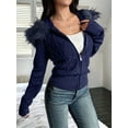 thumbnail image 6 of Women'S Zip Up Cardigan Sweater Cable Faux Fur Hoodies Long Sleeve Jacket Knit Outfits Y2K Navy Blue L, 6 of 9