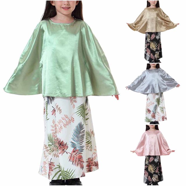 (4-17 Ans) Robes Musulmanes pour Filles Manches Longues Col Rond Robe à Blocs de Couleur Verte