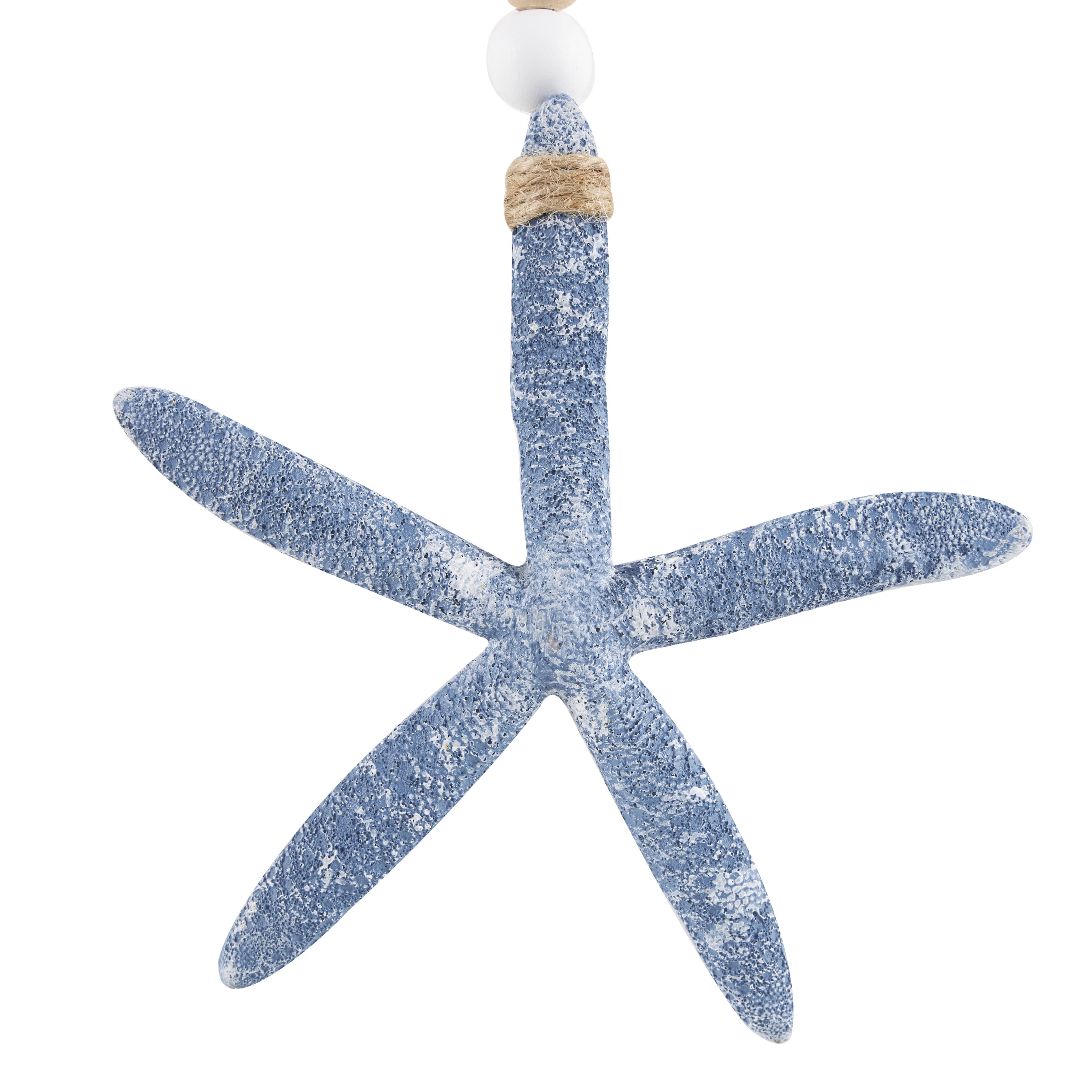 DecMode Blue Wood Handmade Textured Starfish Wall Decor with Long Beaded Hanging Rope (3 Count)