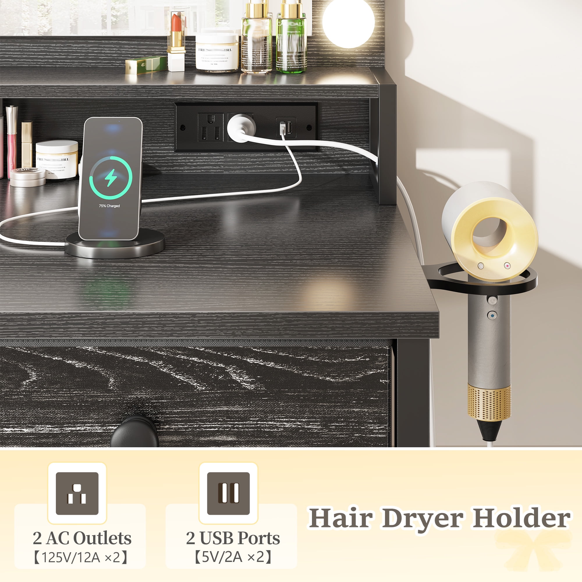 EnHomee Vanity Desk with Mirror and Lights Makeup Vanity Table with 5 Fabric Drawers & Hair Dryer Rack& Charge Port Dressing Table for Girl,Black