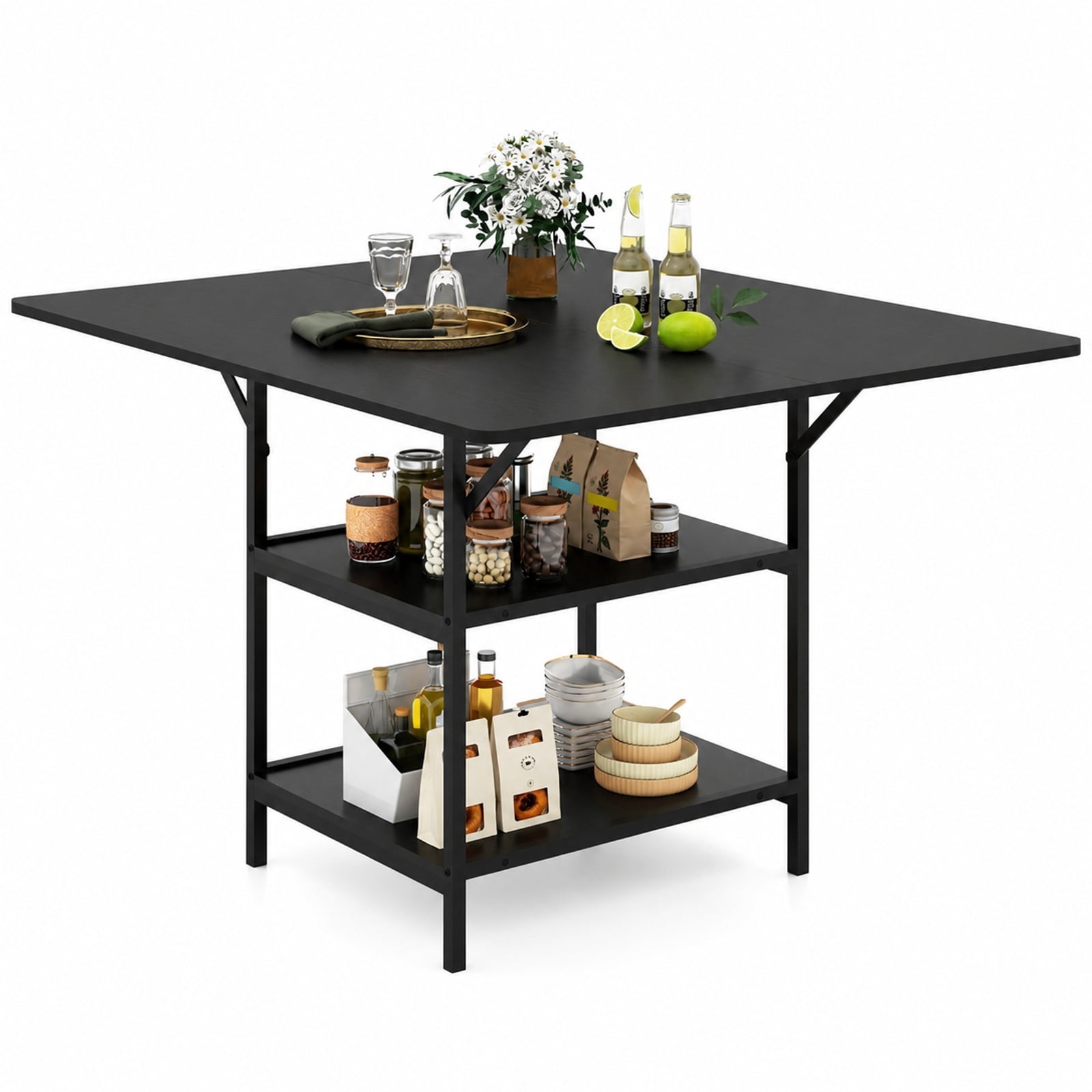 Furnibear 47 Inch Rectangular Dining Table for 4 to 6 with 2 Open Storage Shelves and Sturdy Metal Legs for Kitchen and Dining Room, Black