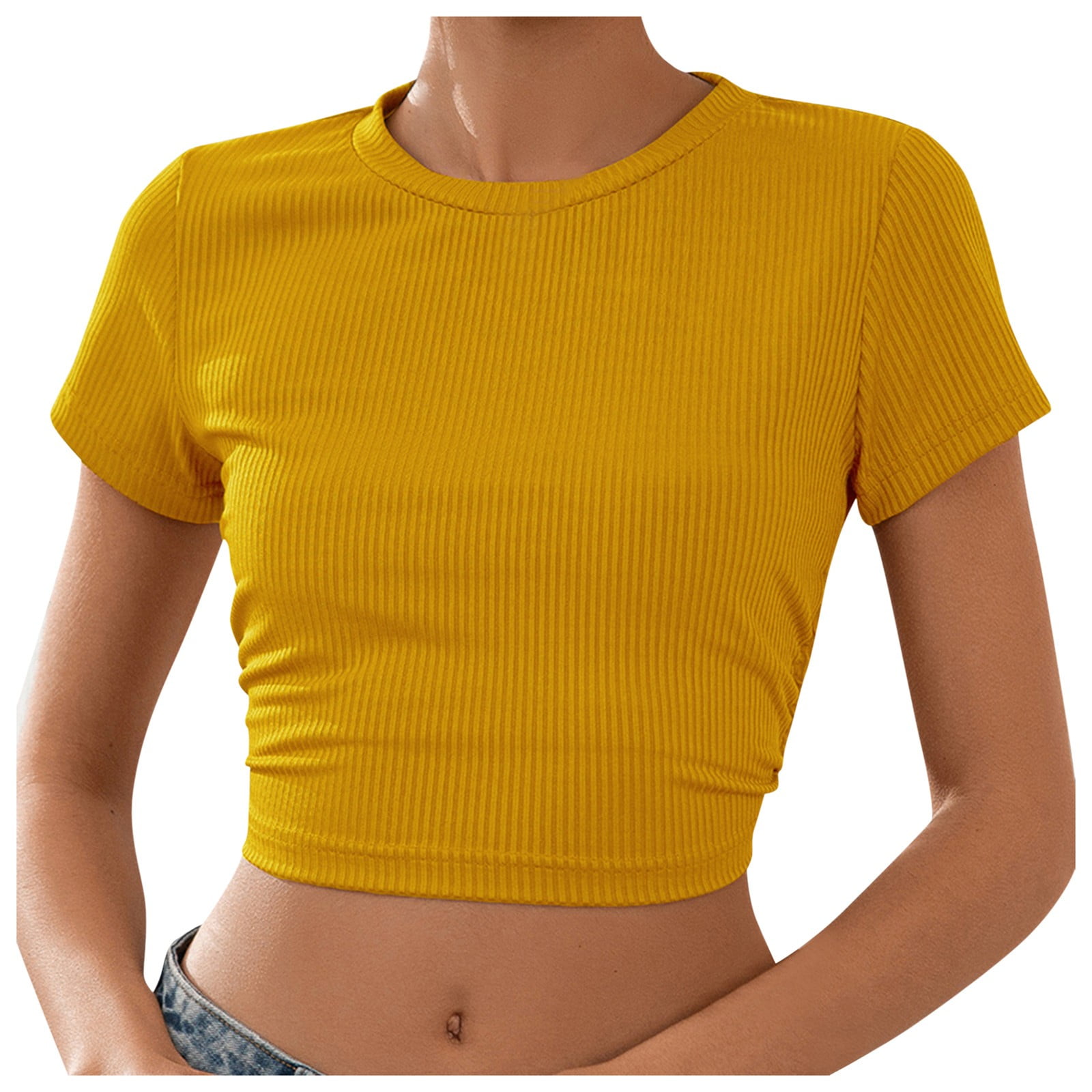 Women's Back O-Neck Short-Sleeved Solid Shirt Top Color Open Lace-Up Short  Women's Blouse Crop Top Tight Yellow L - Walmart.com