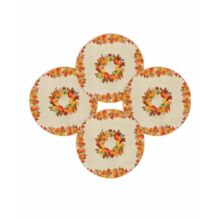 Fall Round Placemats Set of 4 Harvest Orange Pumpkin Place Mats Thanksgiving Woven Placemat Autumn Maple Leaf Linen Circle Braided Table Mat for Kitchen Dining Table Autumn Party Home Decor 15 Inch