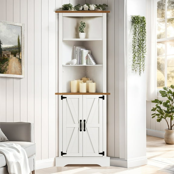 DreamCurship Tall Farmhouse Free Standing Wood Corner Cabinet, White