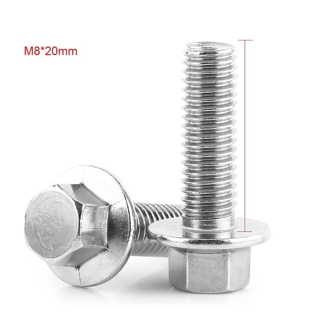 tornillos hexagonales con brida - m8 acero inoxidable ss304 tornillos con brida hexagonal, pernos con arandela de cabeza hueca, 10 piezas(m8*20) Dos tornillos M8 x 20 mm con cabeza hexagonal y brida integrada, rosca completa y acabado plateado en acero inoxidable 304; fondo blanco limpio. Uso común en electrodomésticos y montajes de maquinaria; también adecuados para proyectos de bricolaje y reparación en taller.