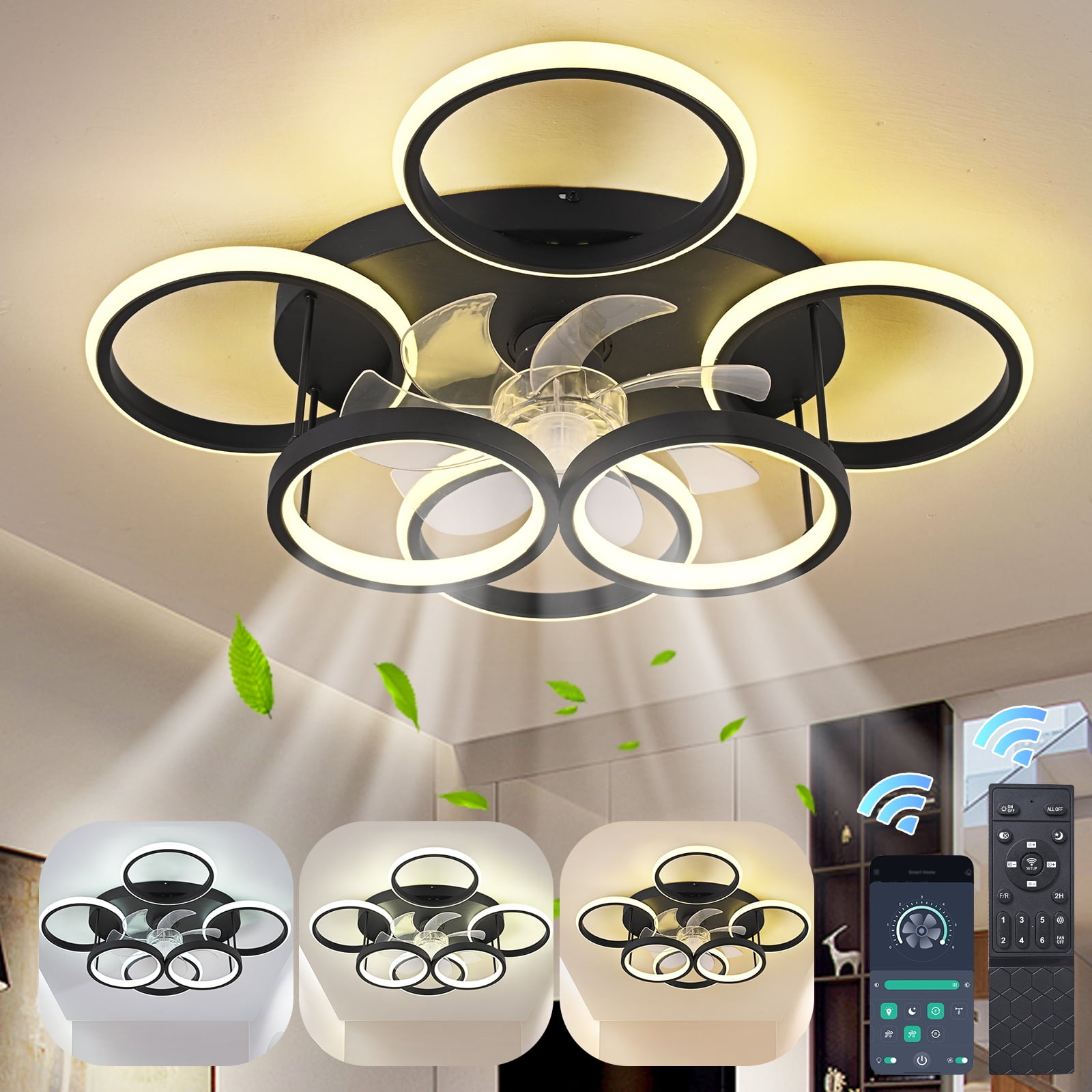 Garwarm Ceiling Fans with Lights, Modern Ceiling Fan with Lights Remote Control, Low Profile Ceiling Fan, 6 Speed Dimmable LED Ceiling Lamp for Bedroom, Kitchen, Black
