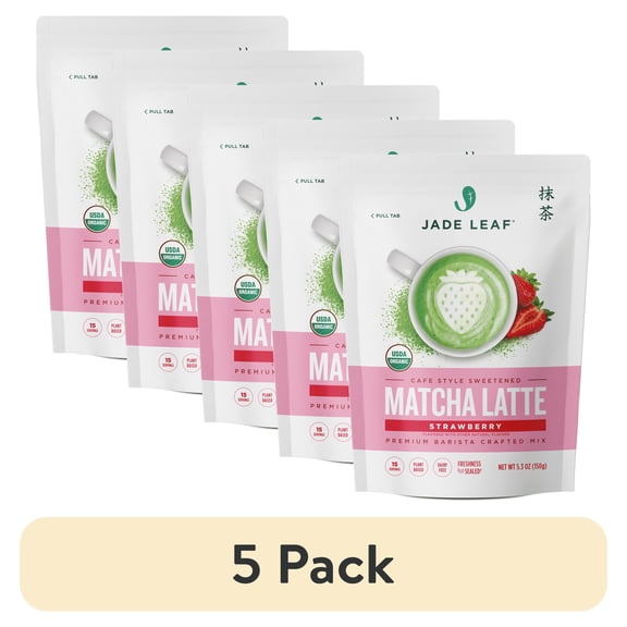 (5 pack) Jade Leaf Matcha Latte Powder Mix, Organic, Dairy-Free, Strawberry, 5.3oz Pouch