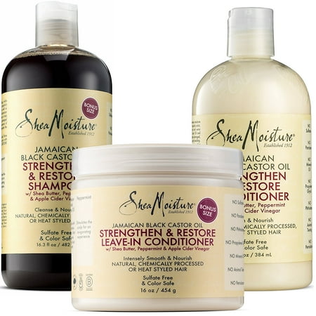 Shea Moisture Jamaican Black Castor Oil Combination Pack – Strengthen, Grow & Restore System – 16.3 oz Shampoo, 13 oz. Conditioner & 16 oz. Leave-In (Best Products To Help Hair Grow)