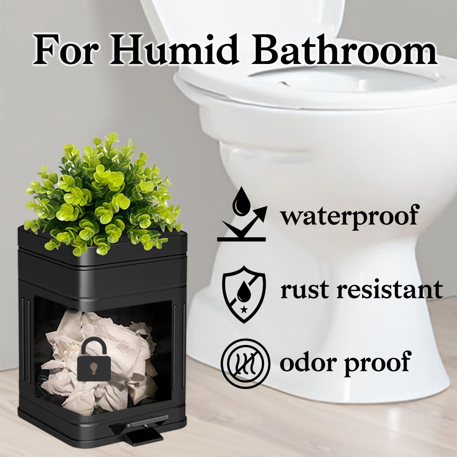 Small Trash Can with Lid, Plant-Styled Outdoor Dog Poop Trash Can Outside, Farmhouse Retro Metal Garbage Can for Bathroom Office, Dog Waste Container with Pedal, Soft Close, 5L/1.3 Gal, Black