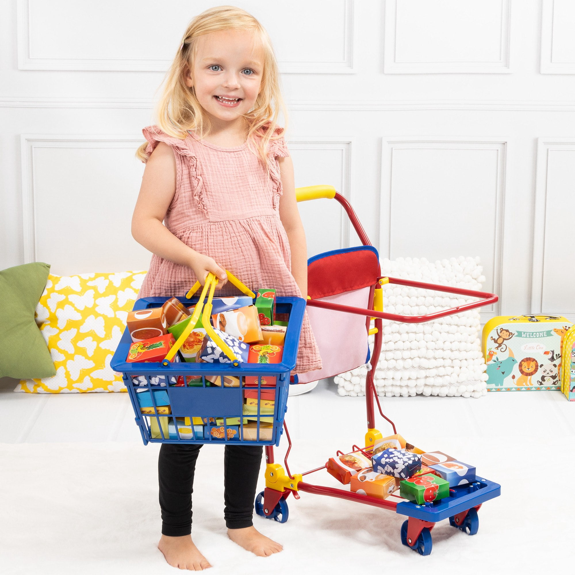Bayer Design Dolls: Shopping Cart & Accessories - 61pcs - Blue, Red, Yellow - Doll Seat,  Boxed Food Accessories, Removable Basket, Kids Toy, Ages 3+