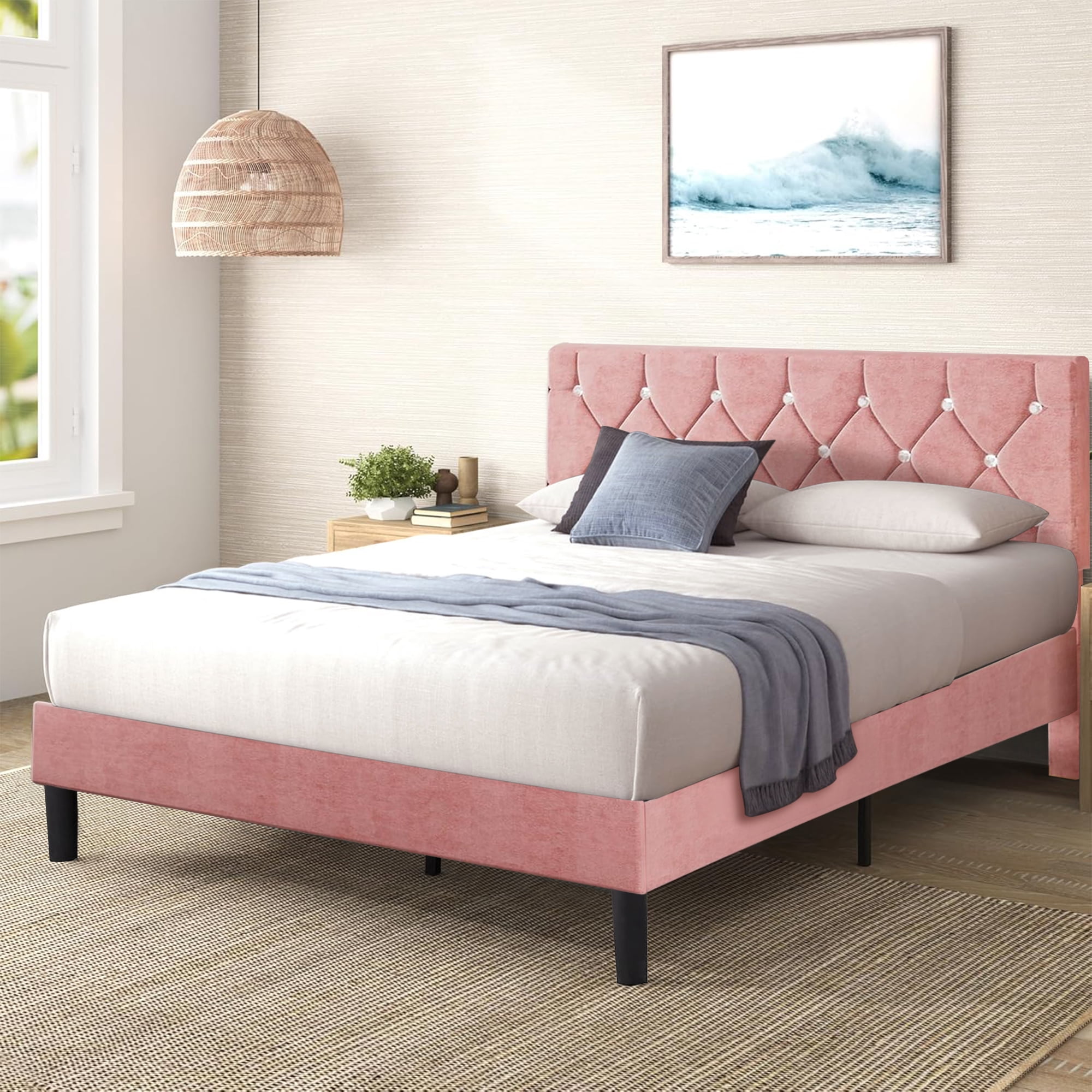 VECELO Full Size Platform Bed Frame, Modern Upholstered Bed Frame with Diamond Tufted Headboard, No Box Spring Needed, Easy Assembly, Pink