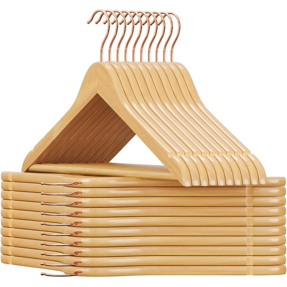 SONGMICS Percha de Madera Maciza, Juego de 20, con Ranuras para Hombros, Barra Antideslizante para Pantalones, Gancho Giratorio de 360°, para Trajes, Camisas, Abrigos, Natural y Oro Rosa