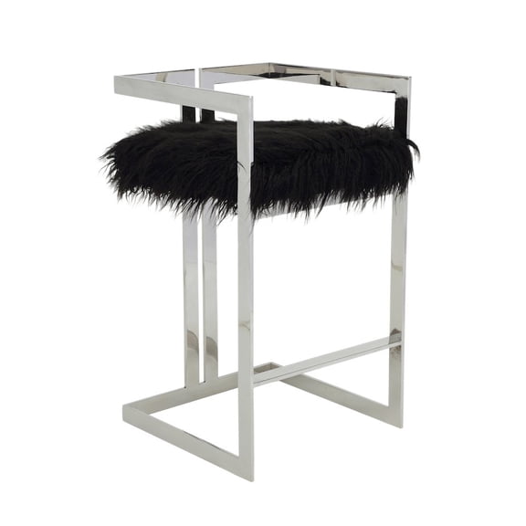 Pangea Home Kenzie 27.5" Stainless Steel & Faux Fur Bar Stool in Black/Silver