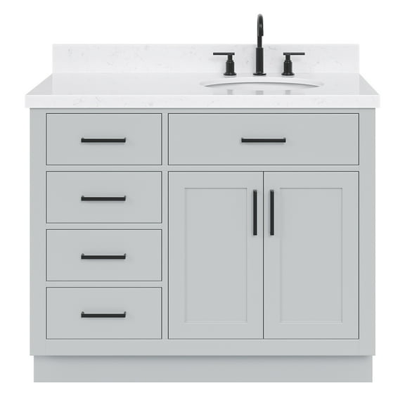 Ariel Hepburn 42 In. Right Offset Oval Sink Bathroom Vanity With Carrara White Quartz Countertop 1.5 Edge In Grey