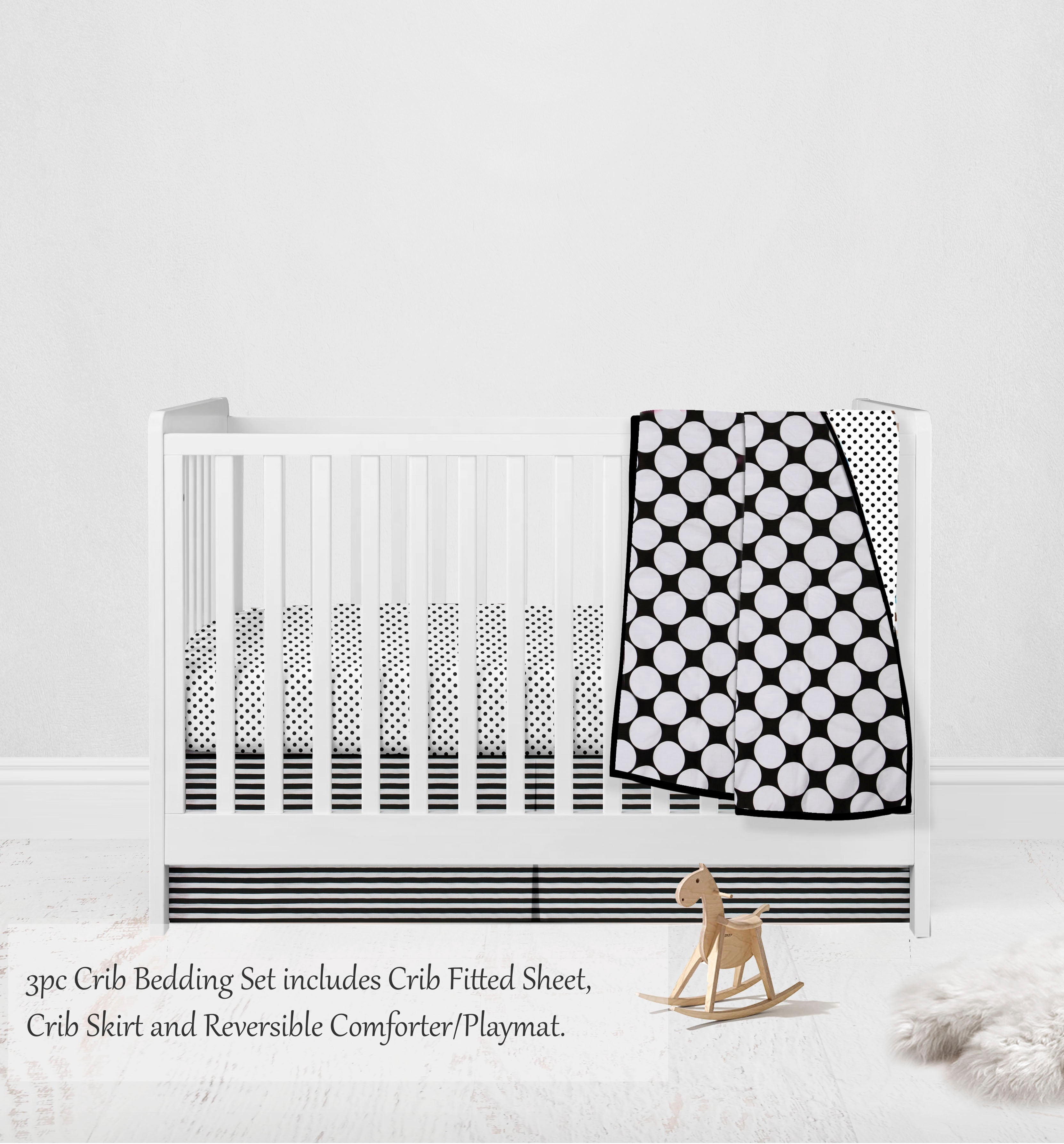 3-Piece Crib Bedding Set - Dots Pin Stripes Black/White Unisex