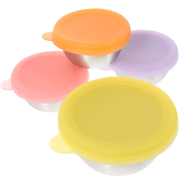 Recipiente redondo con tapa de acero inoxidable para salsas, tazas, tapas, suministros de cocina, recipientes para aderezos para ensaladas, cuencos para salsas, platos, cubierta de silicona, 4 piezas