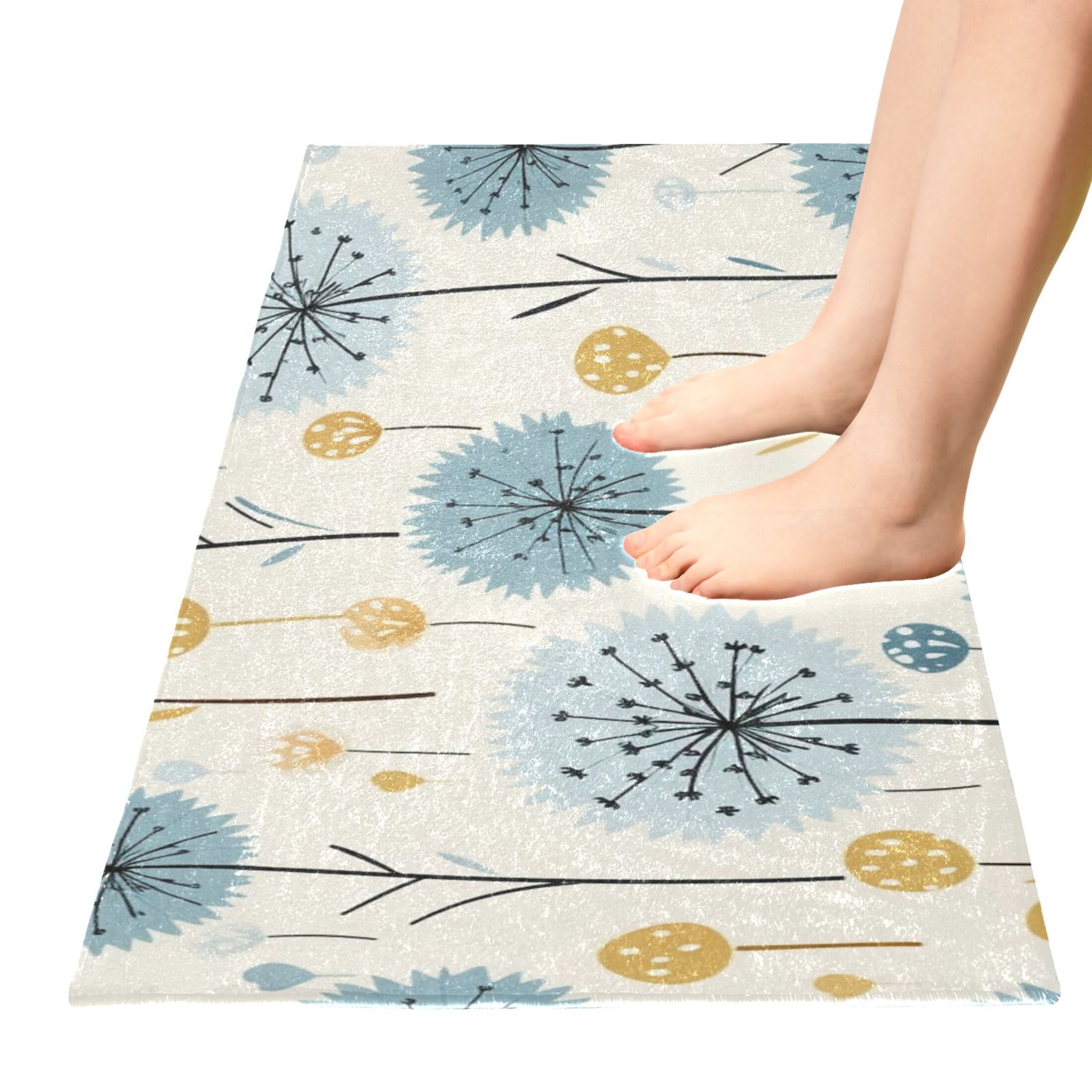 Bath Mat Soft Plush Non-Slip Absorbent Bathroom Rugs 39"x20" Blue and Yellow Dandelion