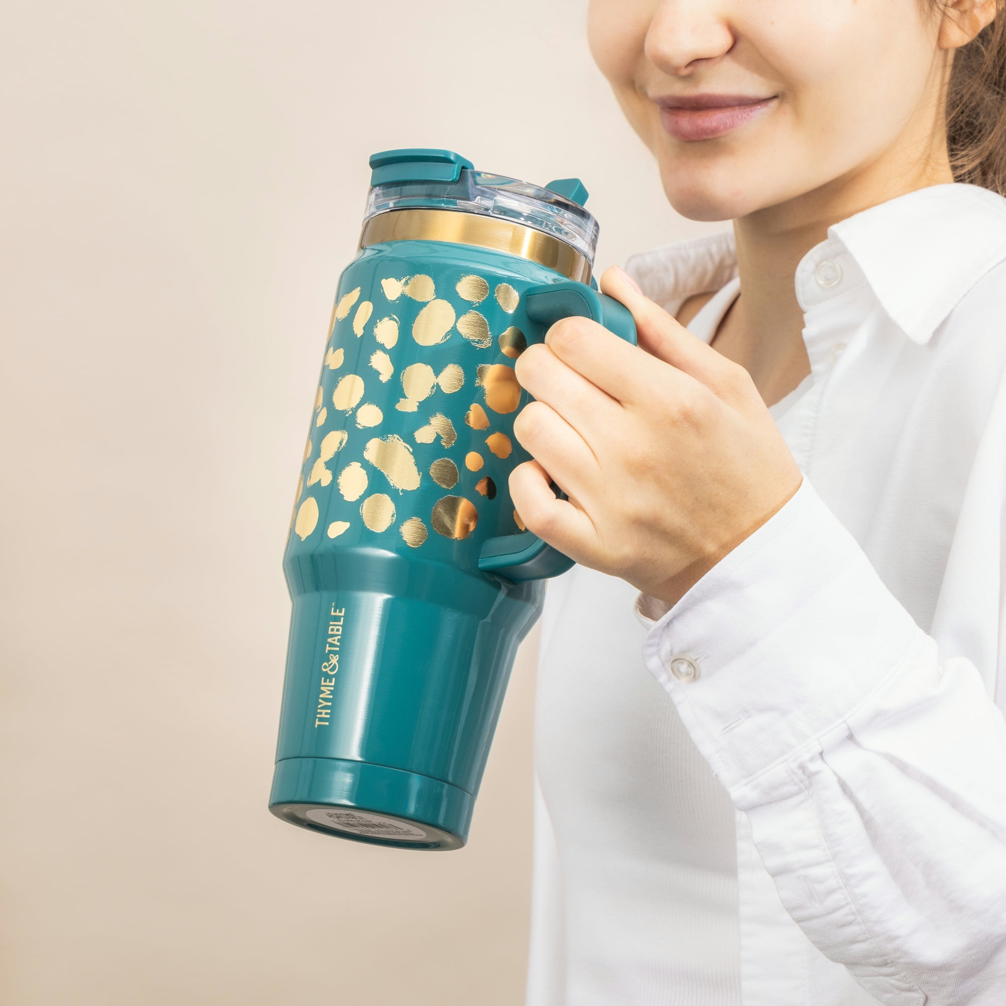 Thyme & Table Luna 32 fl oz Stainless Steel Tumbler with Handle and 2-in-1 Lid, Teal & Gold Dot