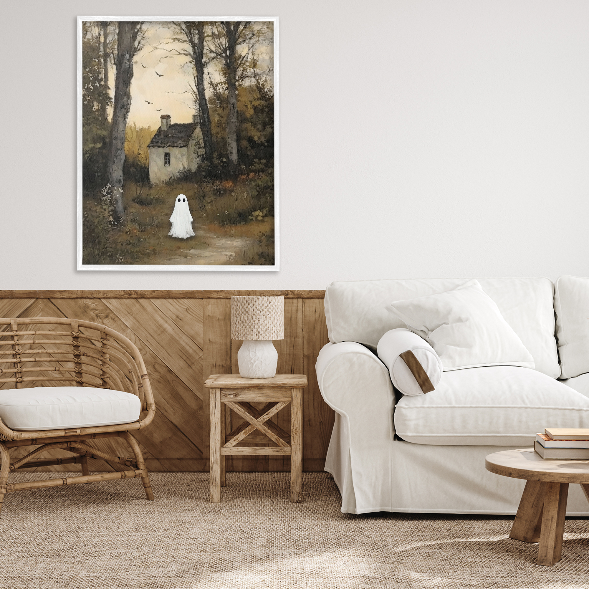Little Ghost in Cottage Forest White Framed Giclee Art, design by Arlington Prints