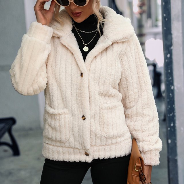 Winter Coat, Reversible Women's Fleece Jacket Long Sleeve Button Warm For Parties For Outdoor Milky White XL