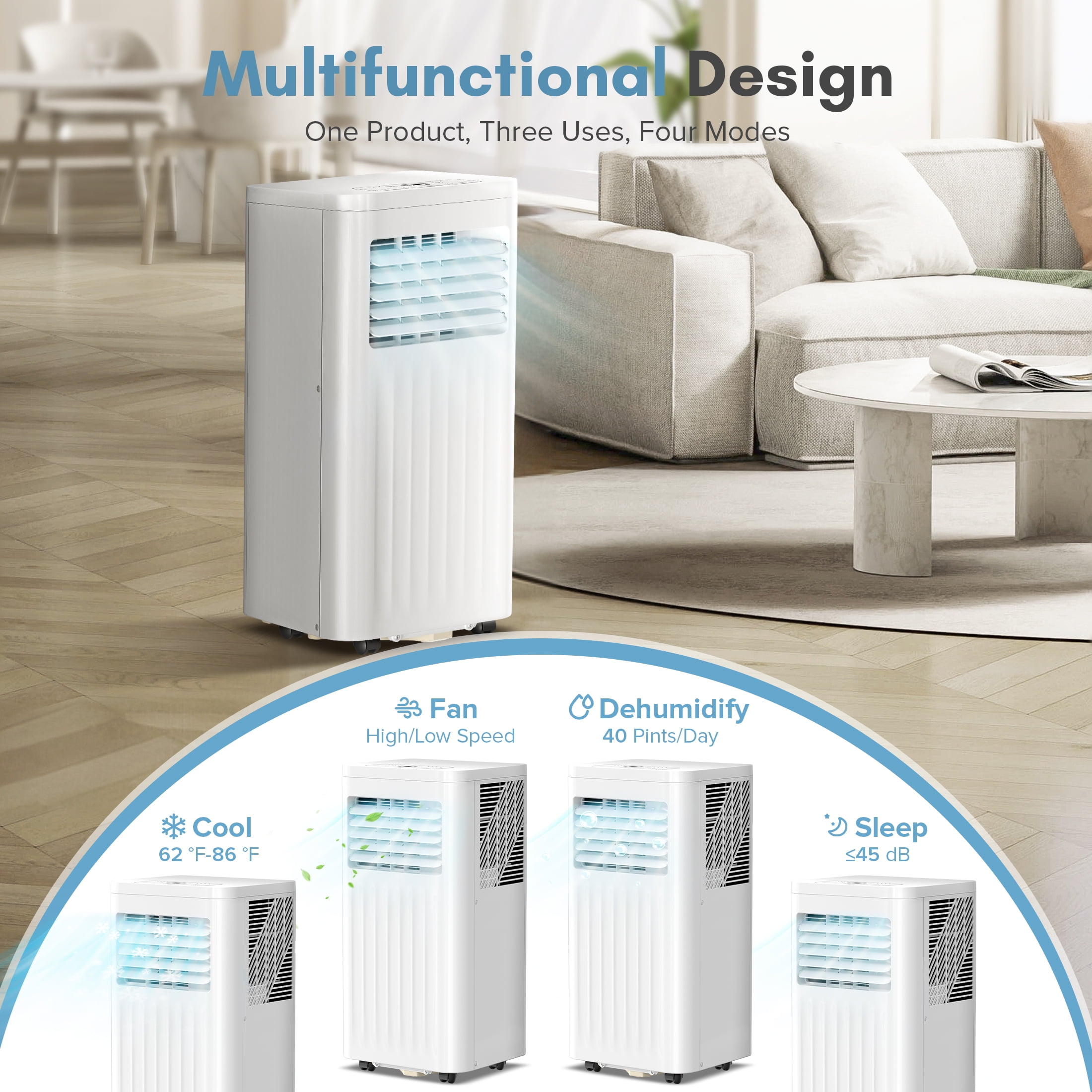 Electactic 8000 BTU Portable Air Conditioner with Window Kit - Quiet, Energy Efficient AC Unit for Rooms up to 250 Sq Ft, Dehumidifier & Fan, Easy Install for Bedroom, Office, White