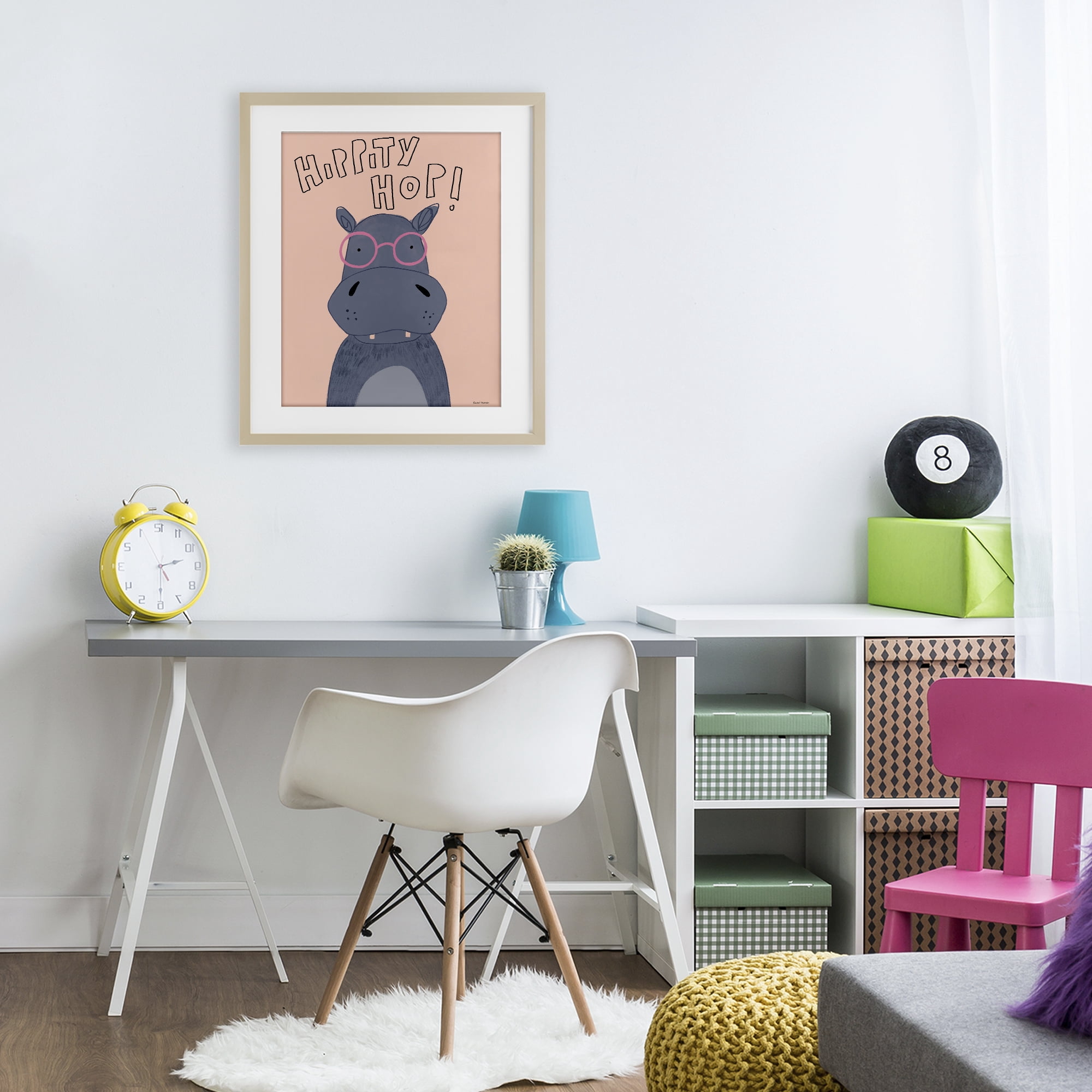 Stupell Industries Hippity Hop Hippo Birch Framed Print Under Glass, design by Rachel Nieman