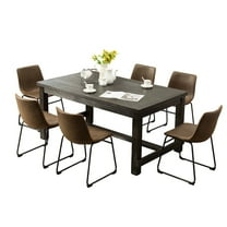 Roundhill Furniture Lotusville 7-Piece Antique Black Finish Wood Dining Table with 6 Brown Faux Leather Chairs Set