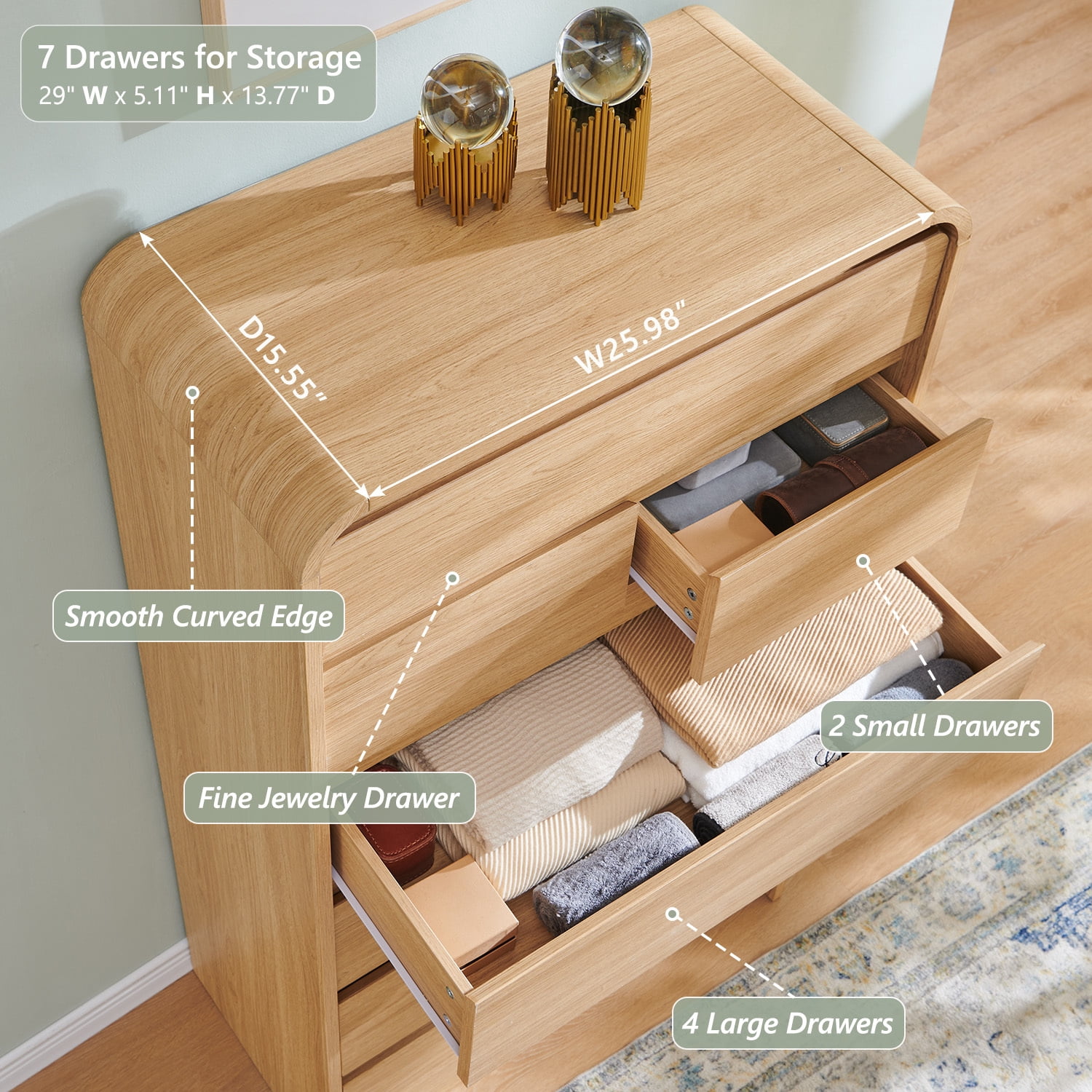 wow97e Modern Dressers for Bedroom, 55" Tall Wooden 7 Drawers & Chests of Drawers w/Curved Profile Design, Mid Century Vertical Dresser w/Natural Texture for Bedroom, Living Room
