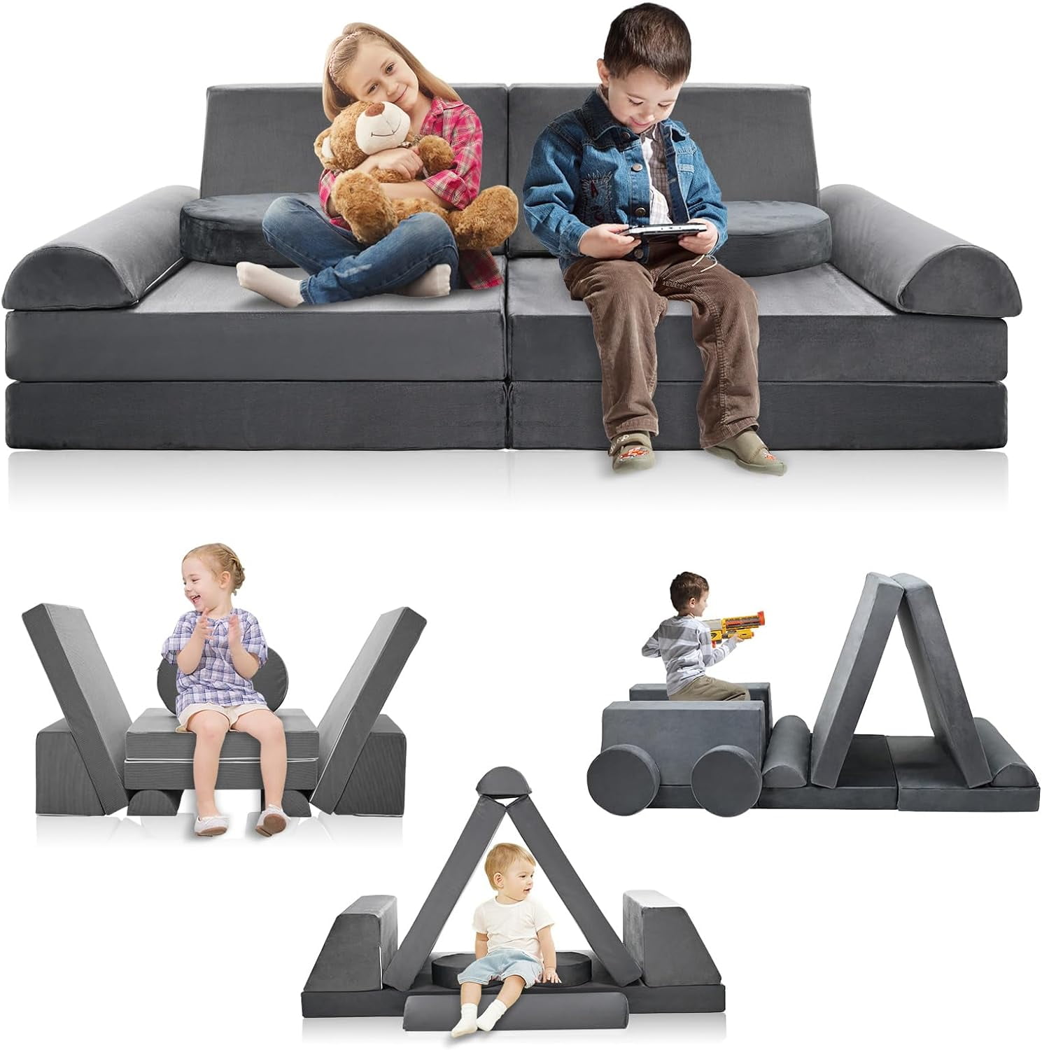 ABORON Kids Couch Play Set Modular Convertible Sofa 10 Piece Fold Out Couch for Bedroom Playroom, for Imaginative Toddler, Boy, Girl, Creative Baby Couch Toddler Couch