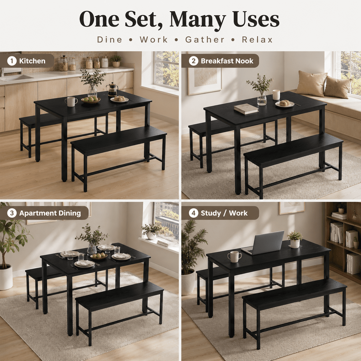 Aukfa 3-Piece Dining Table Set for 4, Kitchen Table with 2 Benches, Space-Saving Dining Room Table Set for Small Spaces,Black