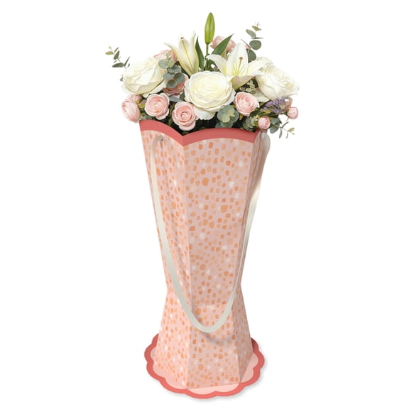 American Greetings 12 in. Mother's Day Floral Bouquet Vase Gift Bag, Pink Dots (1-Count)