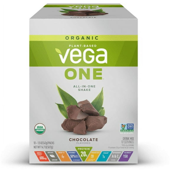 Vega Organic All-in-One Shake Plant Based Protein Powder, Chocolate,10-1.5 oz. Packs