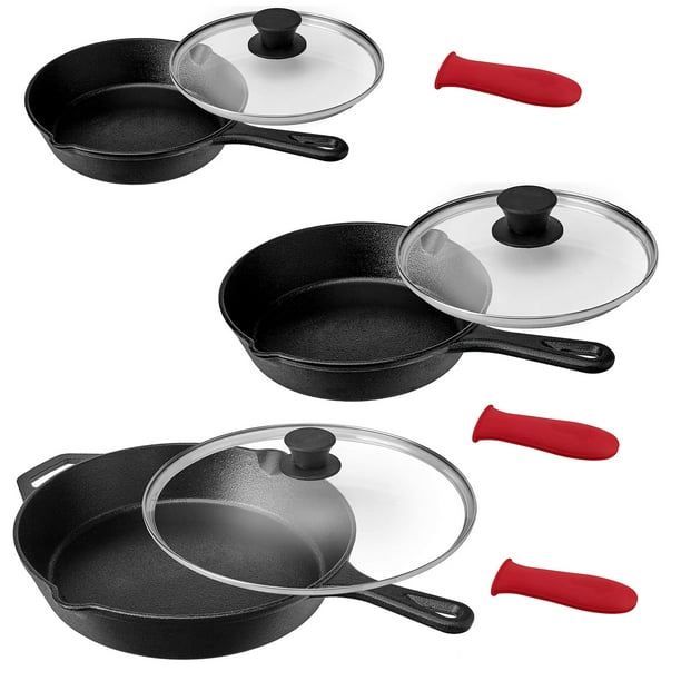 MegaChef Pre-Seasoned 9 Piece Cast Iron Skillet Set with Lids and Red  Silicone Holder - Walmart.com
