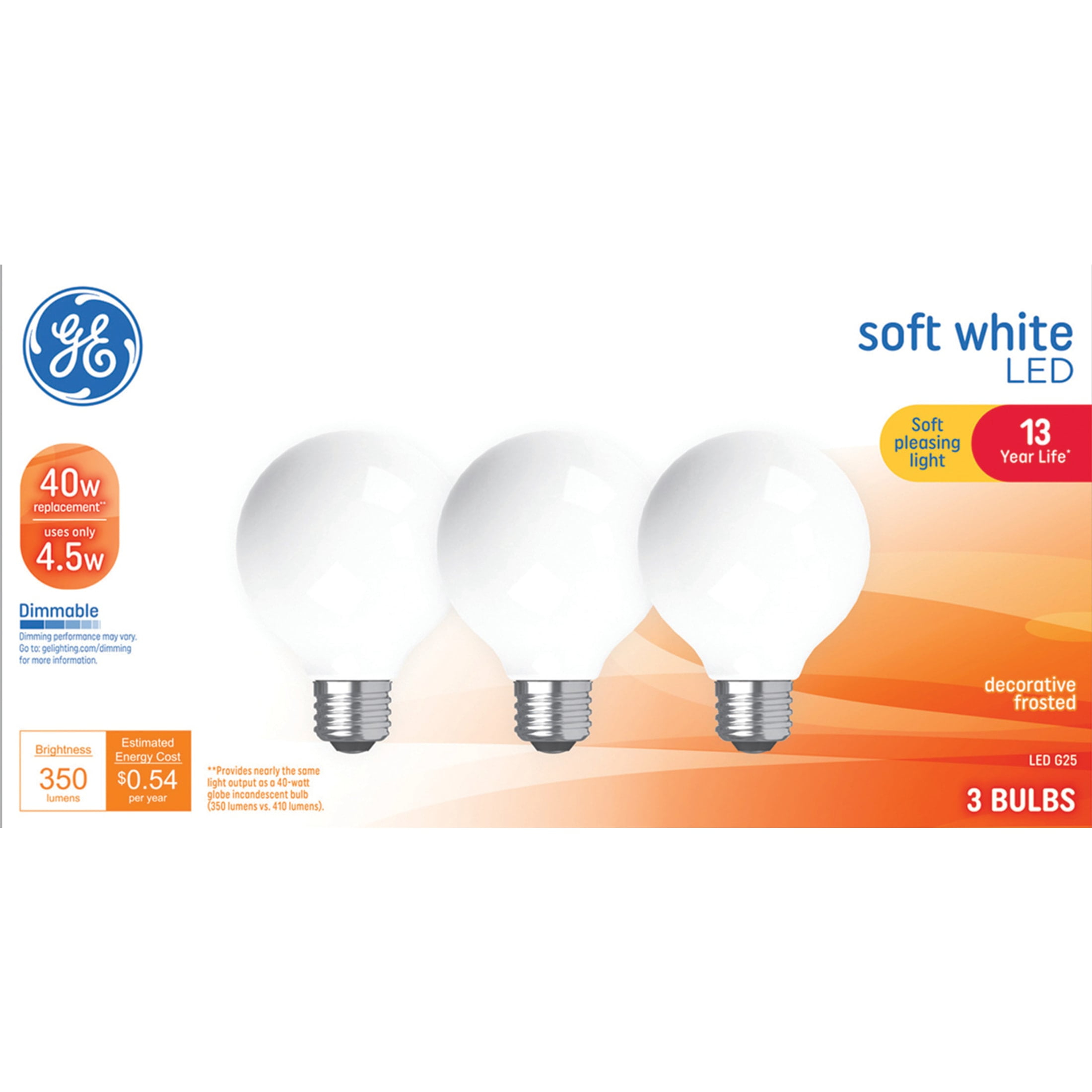 (3 pack) GE LED Light Bulbs, 40 Watts, Soft White, G25 Globe Bulbs, 13yr, 3pk