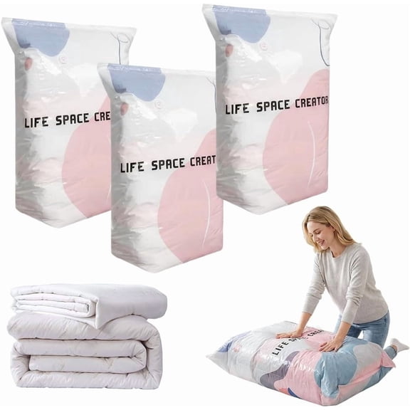 3-Pieces No Pump Vacuum Storage Bags, 2026 New No-Pump 3D Vacuum Storage Bags, Large Vacuum Storage Compression Bags for Clothes, Blankets, Bedding, Comforters (3PCS, L)