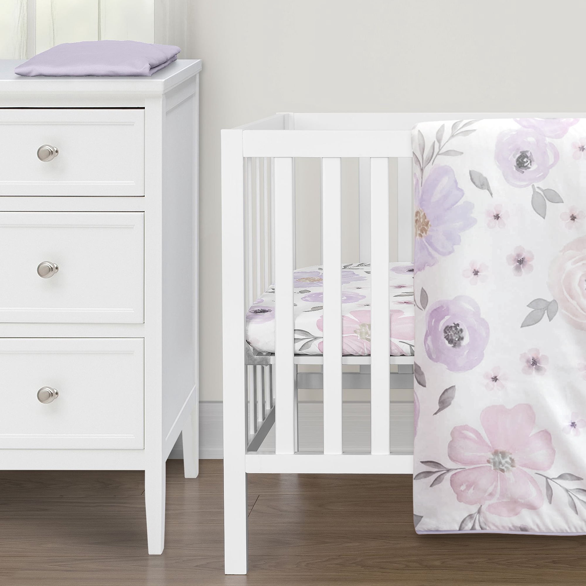 Sweet Jojo Designs Watercolor Floral Purple Pink and Grey 3 Piece Mini Crib Bedding Set