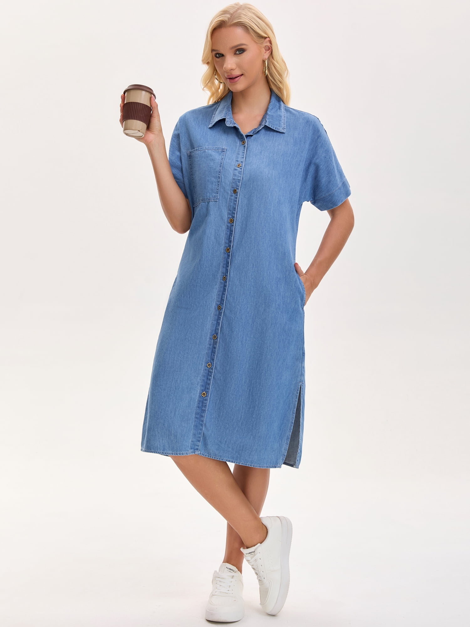 DARING DIVA Midi Denim Short Sleeve Button Down Tunic Jean Dress L Sky Blue