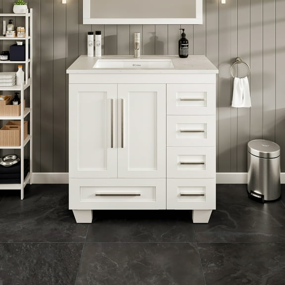 Eviva Loon 30"W x 22"D White Bathroom Vanity with White Carrara Quartz Vanity Top and Rectangular Undermount Sink
