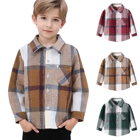 Afuyipoi Boys Girls Plaid Flannel Shacket Size 12M-9Y Long Sleeve Button Down Jacket for Kids Fall Casual Brown Size 18M
