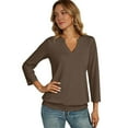 thumbnail image 5 of Womens 3/4 Sleeve Shirts Banded Bottom V Neck Summer Tops Loose Fit Casual Dressy Basic Tees Brown S, 5 of 6