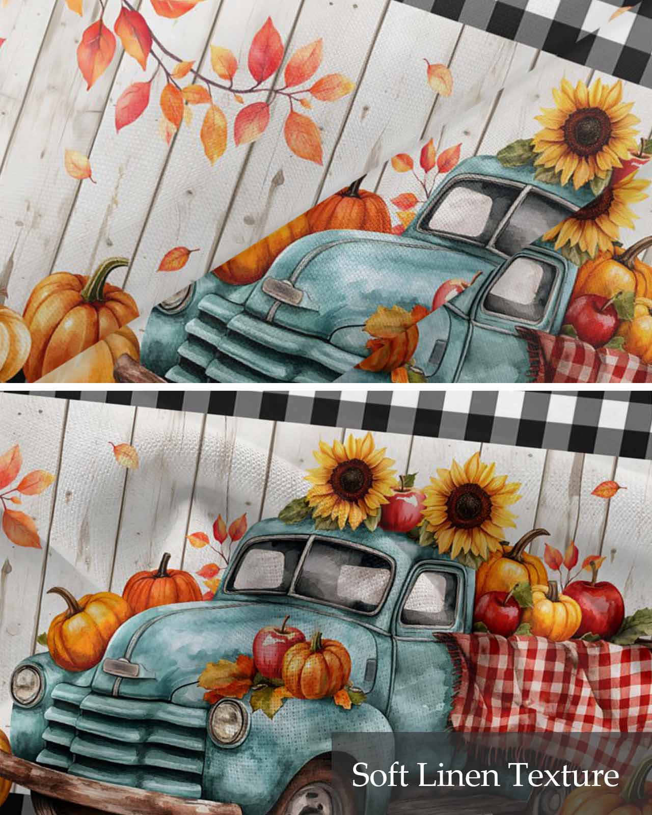 Fall Pumpkin Sunflowers Kitchen Valances for Windows Farmhouse Linen Window Valance Curtain for Living Room Window Treatment Thanksgiving Branch Wood Grain Valance Rod Pocket Topper, 42 x 18 Inch