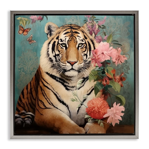 Stupell Industries Bohemian Vintage Tiger & Bouquet Gray Floating Frame Canvas Art, 25 x 25, by Lazar Studio