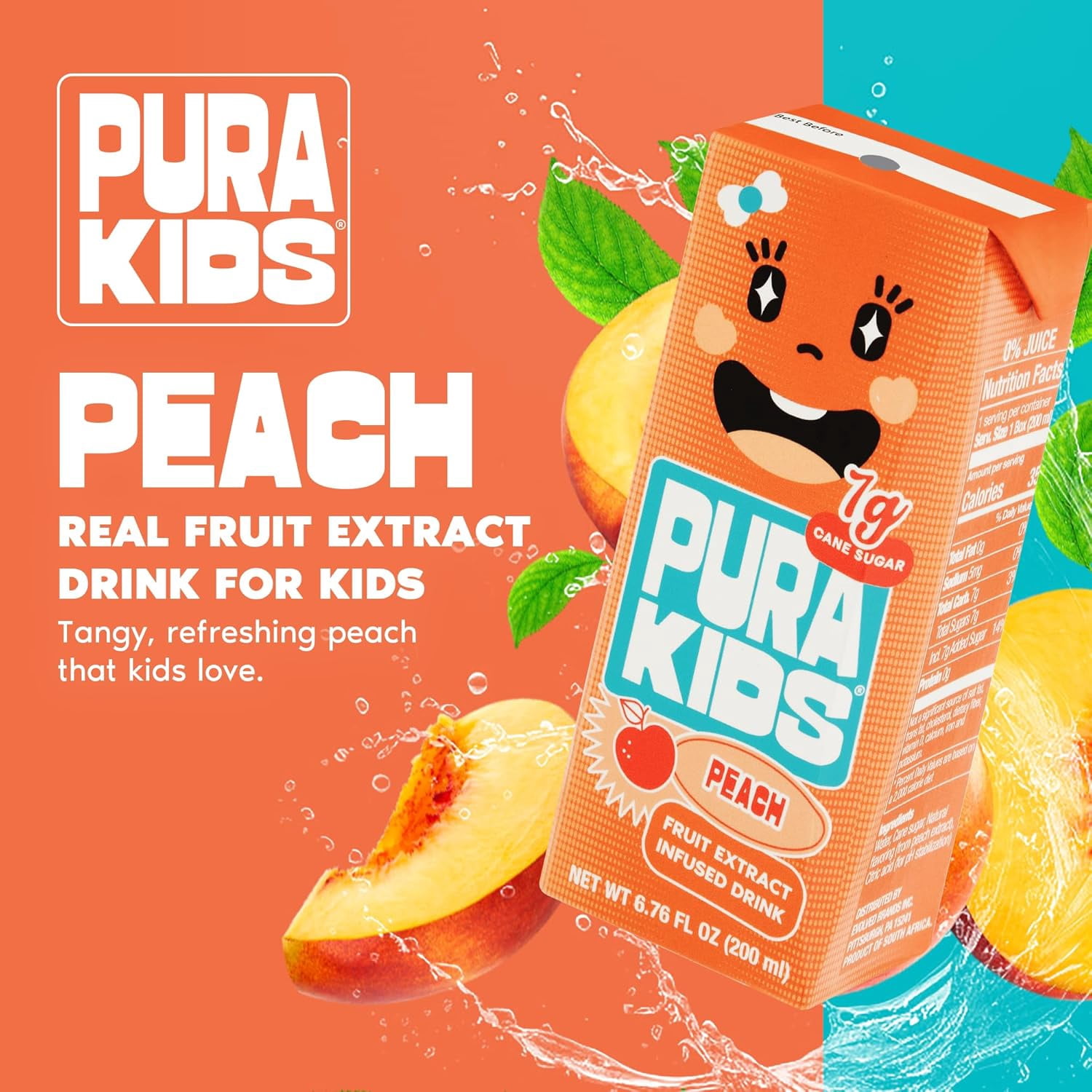 PURA Kids Box | Peach Fruit extract infused Drink for kids | 7g Pure Cane Sugar | Non-GMO | Vegan, No Artificial Sweeteners | Best Lunchbox Beverage with Paper Straw | 6.67 fl oz (200ml) Pack of 24