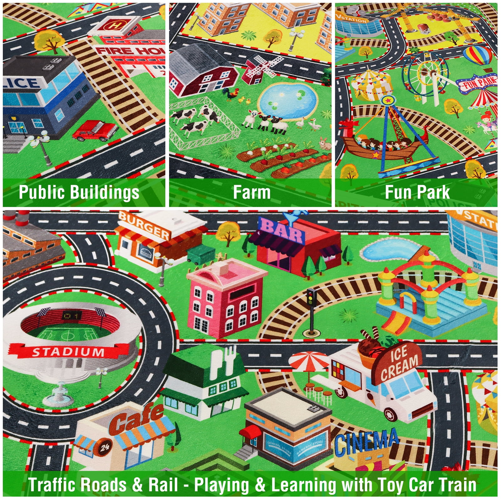 Kids Rug Car Rug for Toy Cars,City Life Road Traffic for Playroom Kid Car Road Rug Village Map Play Mat Non-Slip Washable Play Rug for Toddler Boy Family Tummy Time Playtime