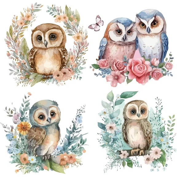 4 Styles 6.3 Inch Owl Window Sticker Round Owls Flowers Leaves Static Sliding Door Glass Window Decals Decorative Double-Side Alert Cling for Prevent Stop Birds Dog Strikes Home Decor
