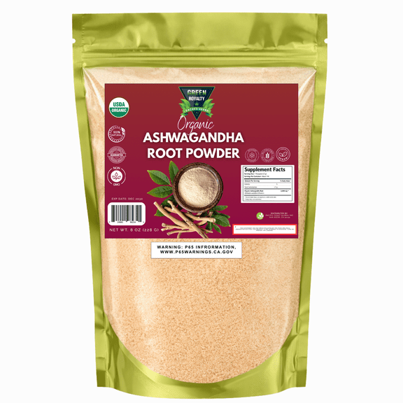 Green Royalty Organic Ashwagandha Root Powder, USDA Organic Adaptogen Herbal Supplement, Non-GMO, Vegan, Gluten Free Superfood Powder, Stress Support & Energy Balance, 8 oz