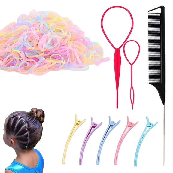 1000Pcs Mini Elastic Rubber Bands Soft Elastic Colorful Bands 2Pcs Hair Tail Tools 1Pcs Rattail Comb and 5Pcs Duckbill Hair Clips for Girls Toddler Kids Baby