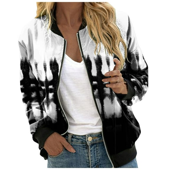 Siilsaa Women Jackets Casual Casual Floral Zip Up Jacket Coat Stand Collar Lightweight Short Outwear Tops White,XL