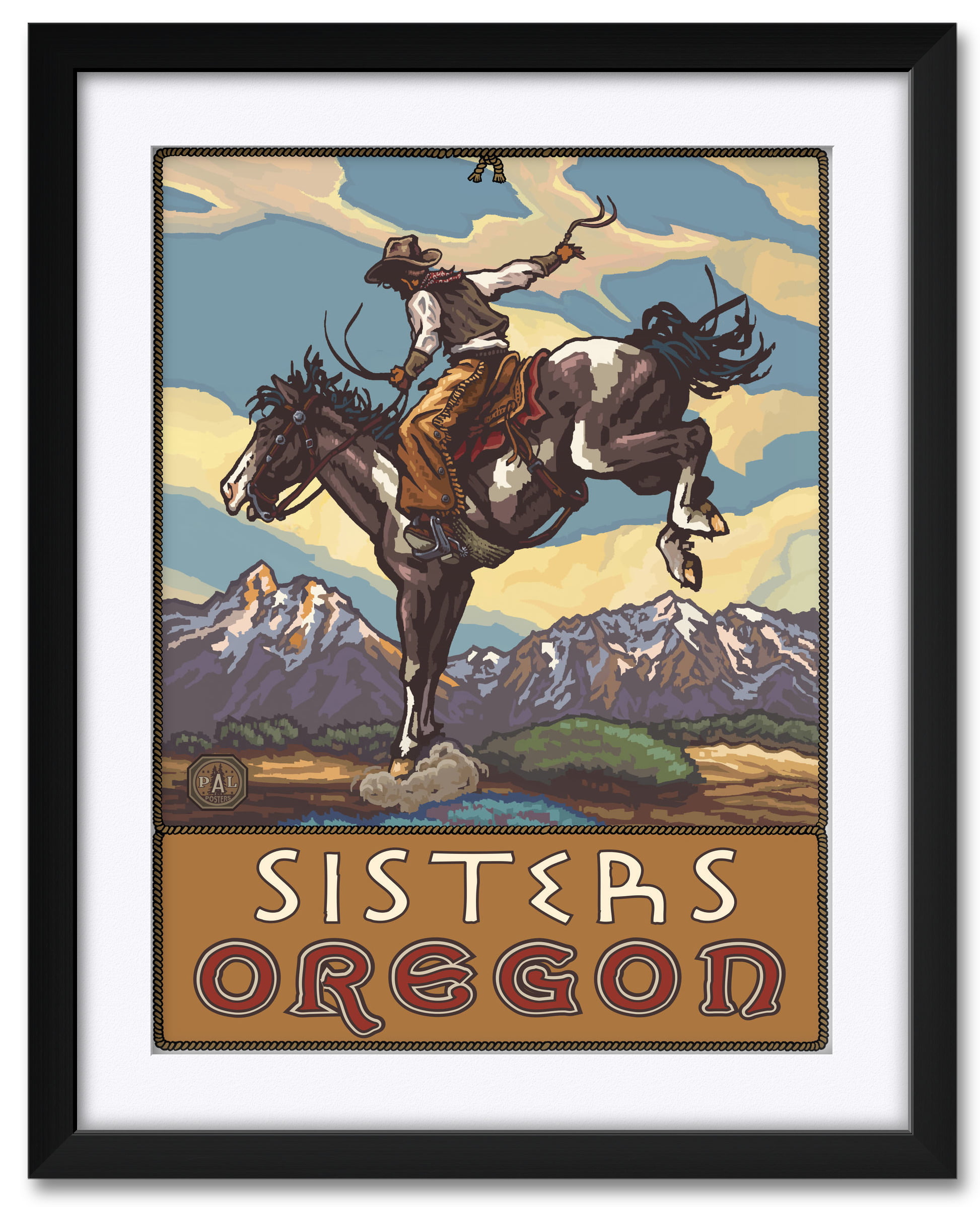 Sisters Oregon Bucking Horse Cowboy Giclee Art Print Poster from Original Travel Artwork by Artist Paul A Lanquist