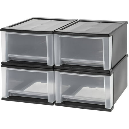 Black Dishwasher Drawer - IRIS 17 Qt. Stacking Storage Drawer, Black Set of 4